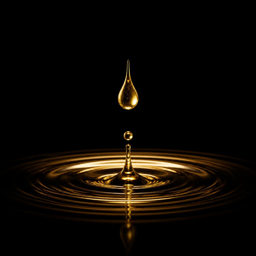 A single golden droplet meeting a still surface, sending out concentric ripples.